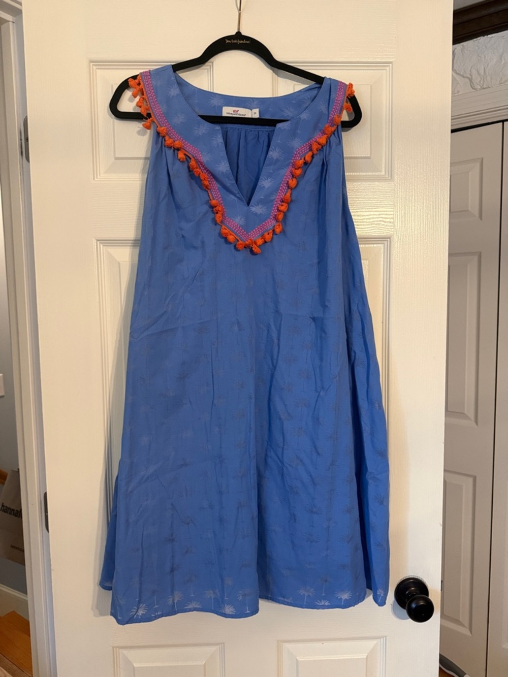 Vineyard Vines Blue Sleeveless Dress with Orange Pom Trim